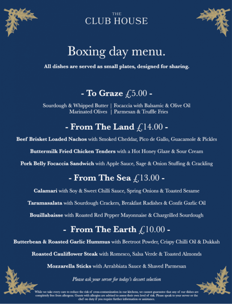 Boxing Day Menu - Clubhouse. West Bexington