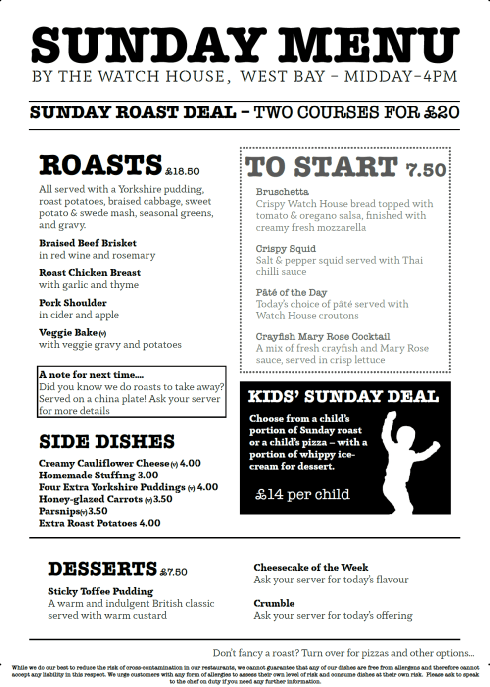 Sunday Menu at the Watch House in West Bay