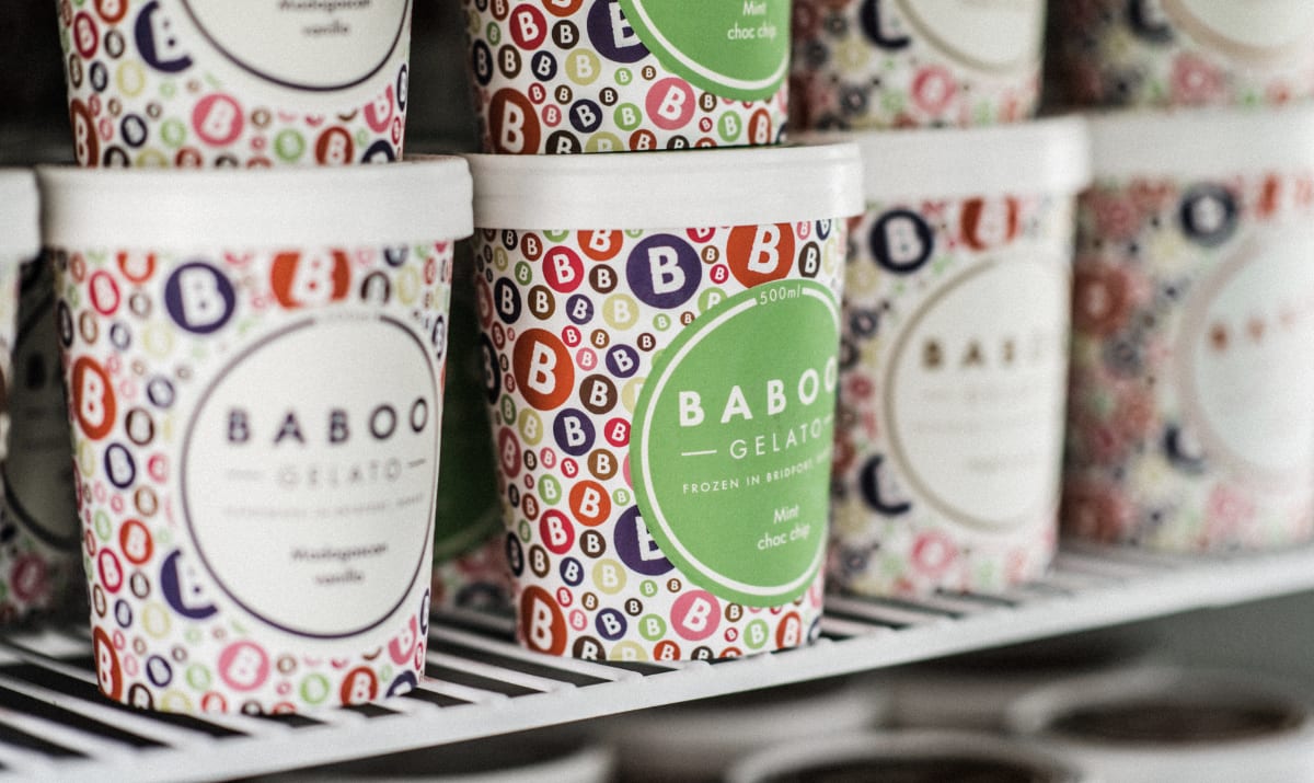 cartons of baboo gelato in a freezer