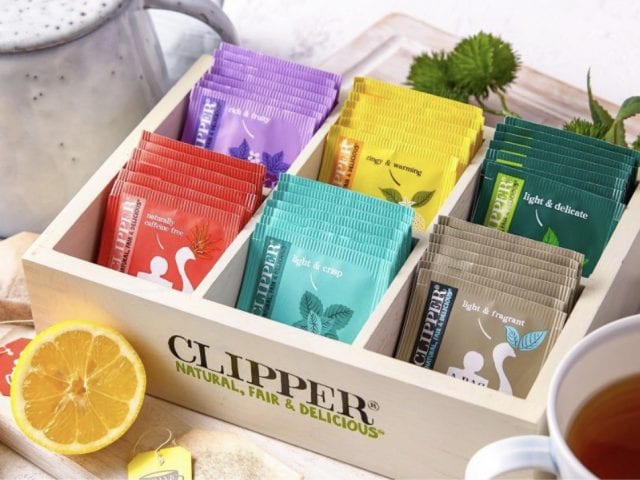 a box of clipper tea sachets