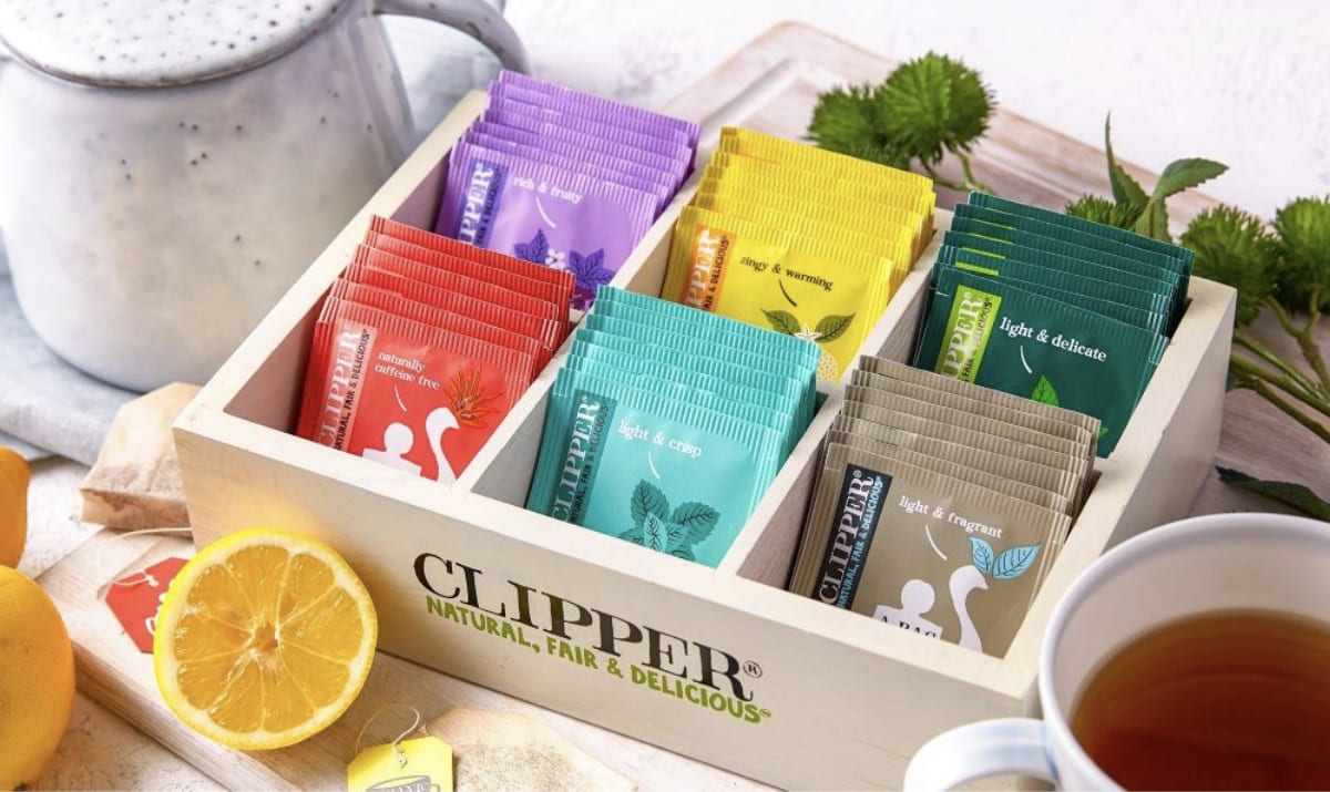 a box of clipper tea sachets
