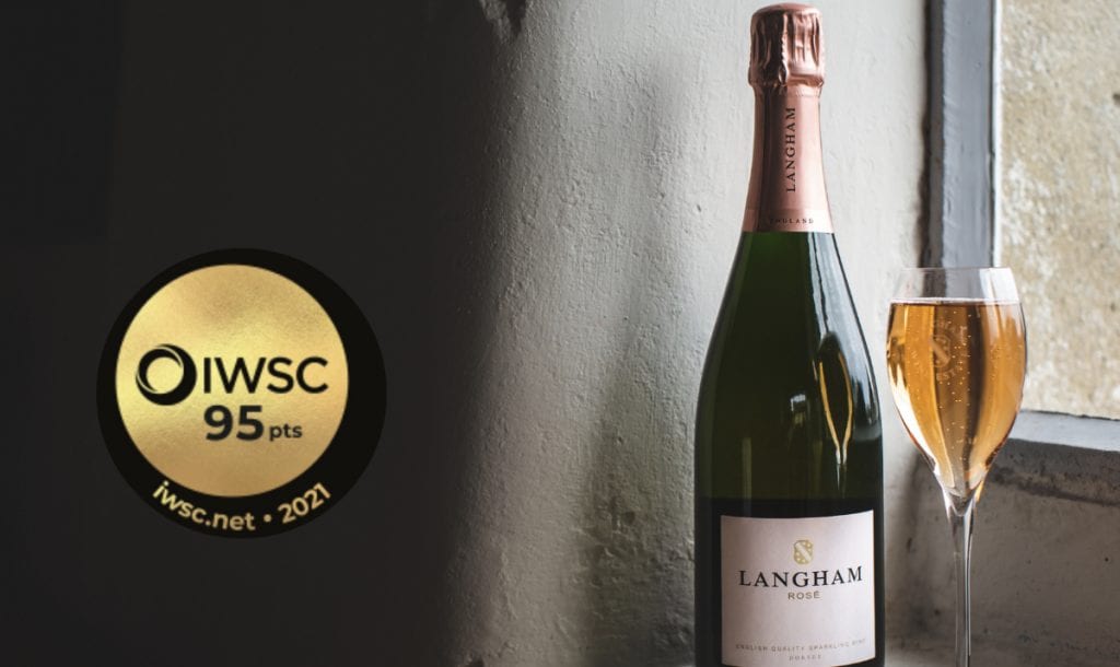 bottle of langham wine beside the award sign