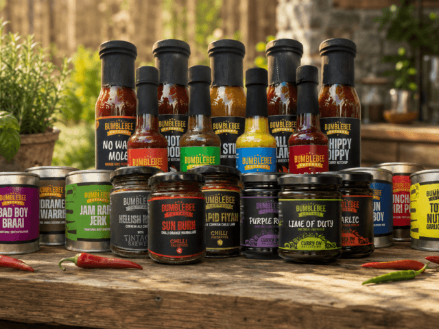 Assorted Bumblebee hot sauces, spice blends, and condiments displayed on a rustic wooden table with fresh herbs and chillies.