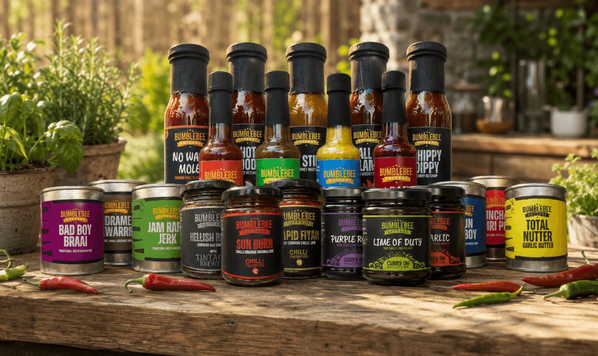 Assorted Bumblebee hot sauces, spice blends, and condiments displayed on a rustic wooden table with fresh herbs and chillies.