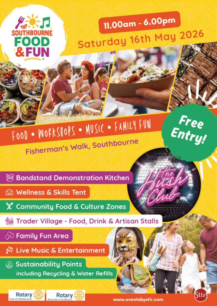 Poster for Southbourne Food & Fun Festival, 16 May 2026, at Fisherman’s Walk, showing local food, live music, family activities, and free entry.