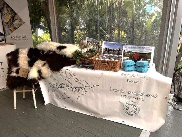 Farm display table set up indoors with a “Derwen Farm” tablecloth, baskets of fresh vegetables, cartons of eggs, printed farm information, and sheepskins draped over a chair, with leafy greenery visible through windows behind.