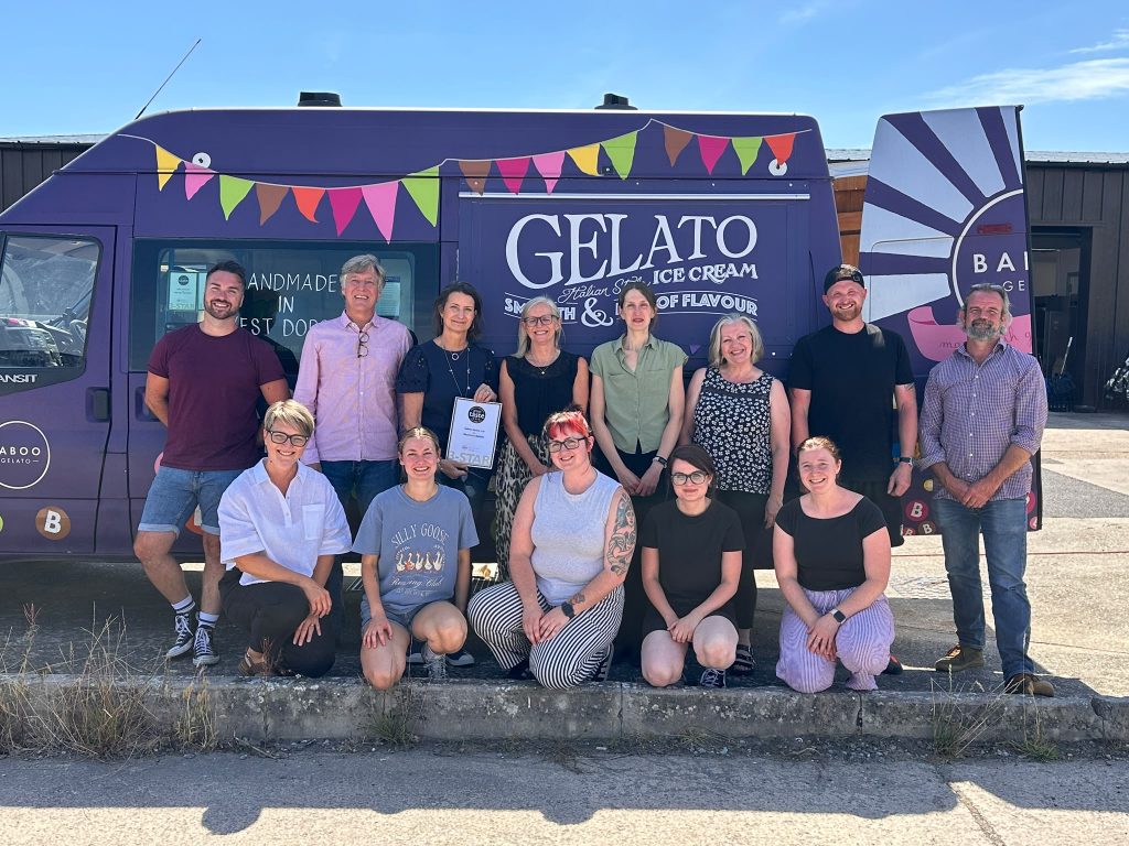 The Baboo Gelato team celebrating their Great Taste 3-Star Award outside the Dorset gelato van.