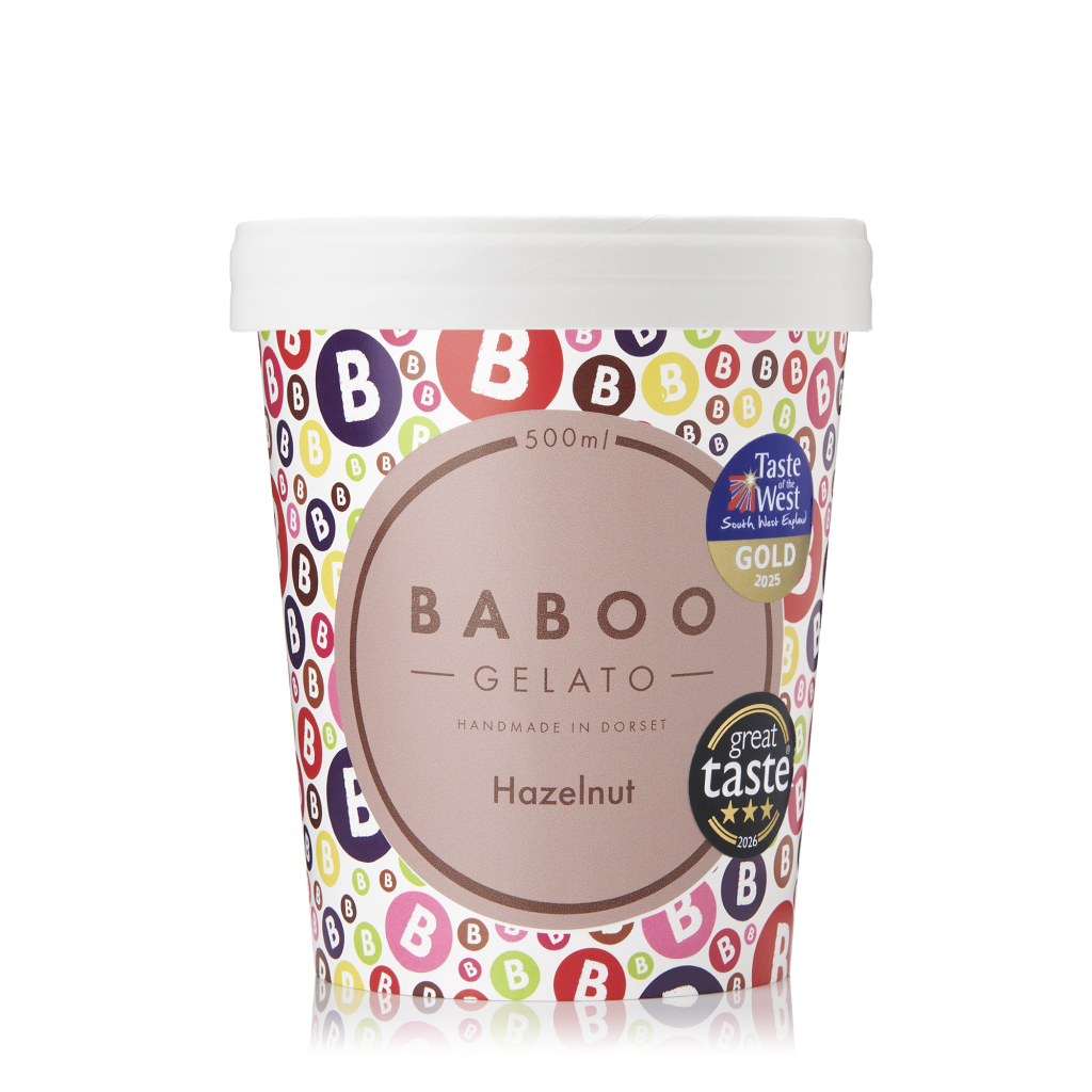 Baboo Hazelnut Gelato 500ml tub, handmade in Dorset.