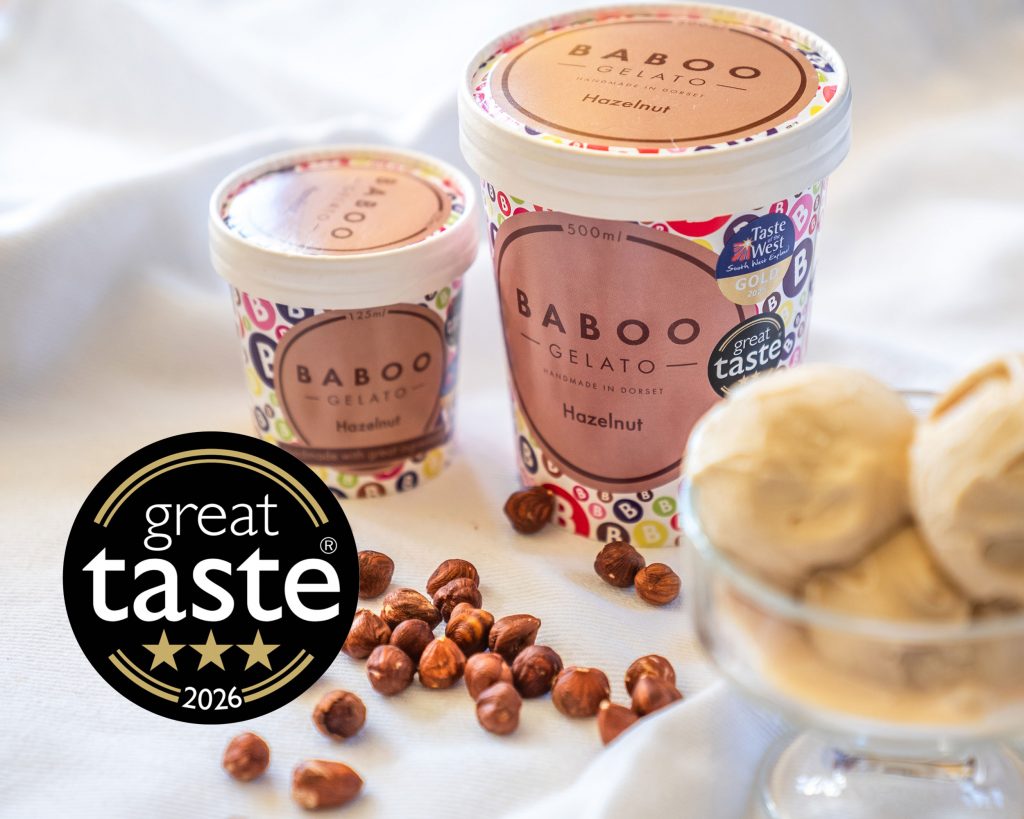 Baboo Hazelnut Gelato with whole hazelnuts and Great Taste 3-Star Award badge.
