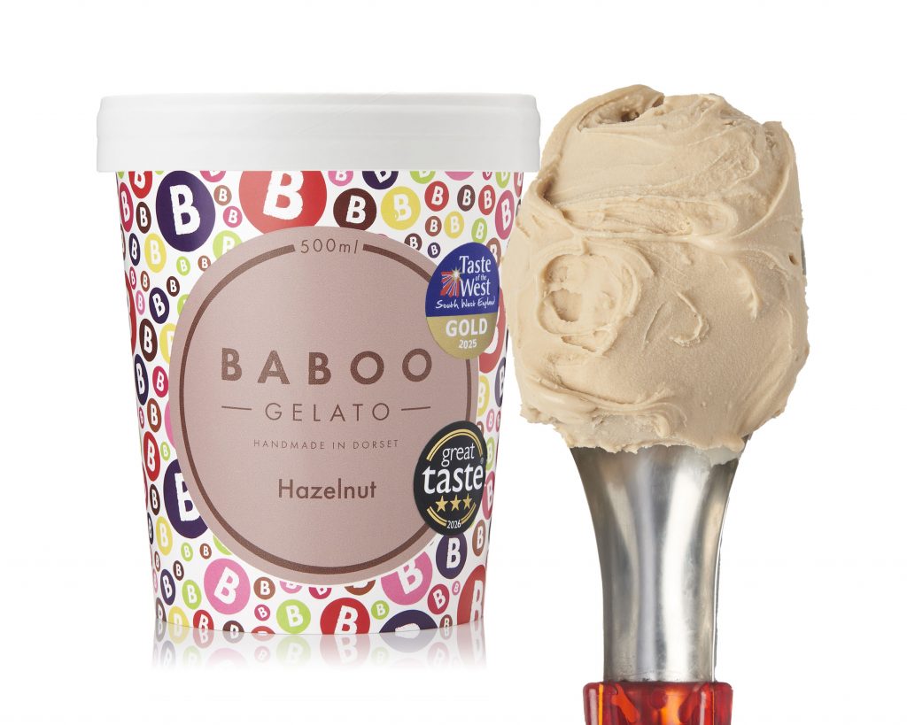 Baboo Hazelnut Gelato tub alongside a scoop of hazelnut gelato.