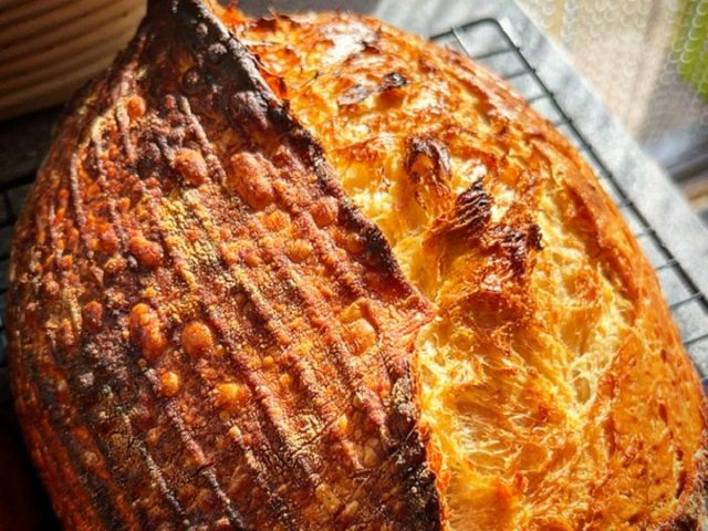 Artisan sourdough loaf with a crisp golden crust and open crumb, freshly baked by The Burnt Squash Kitchen & Bakery, a Dorset artisan bakery.