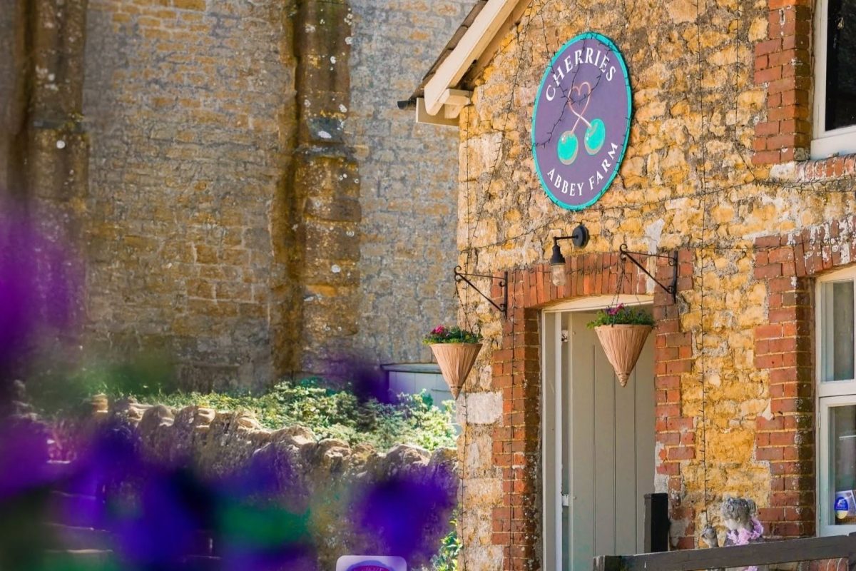 Visitors gather outside a historic stone barn at Abbey Farm in Abbotsbury during a summer community event. Colourful bunting is strung across the foreground, while market-goers and families explore the site and enjoy activities near the barn entrance. Wildflowers and greenery frame the scene, showcasing the relaxed countryside atmosphere and community spirit of a rural Dorset farm event.