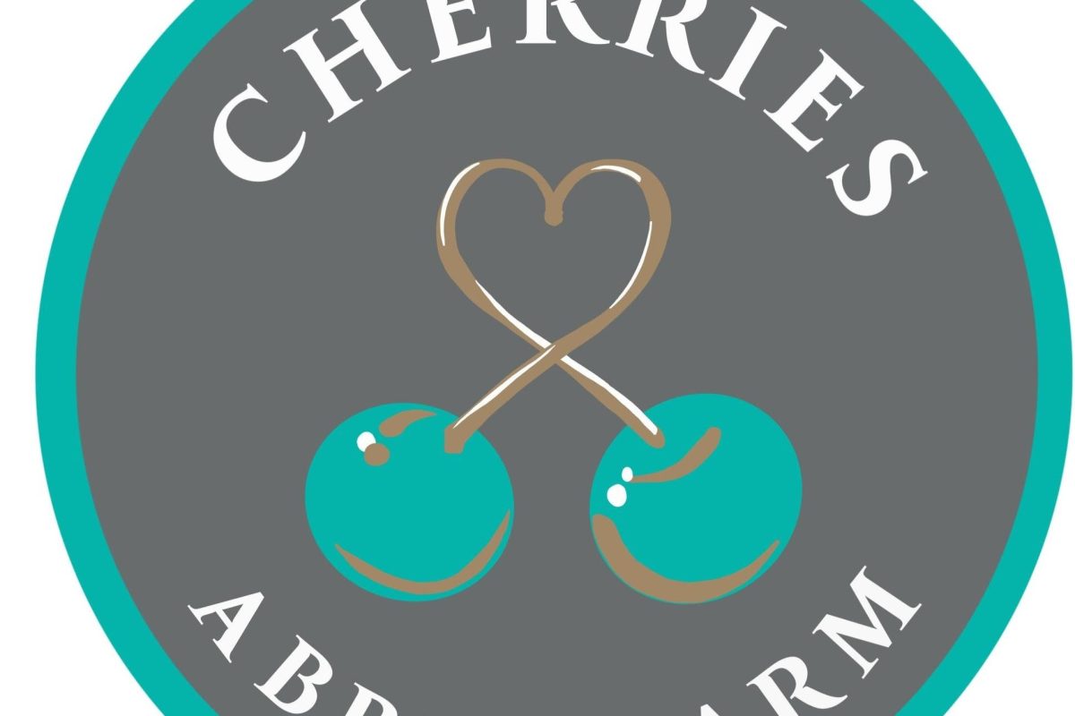 The Cherries at Abbey Farm logo featuring two turquoise cherries connected by heart-shaped stems. The design is set within a circular grey background bordered in turquoise, with the words "Cherries Abbey Farm" displayed around the edge.