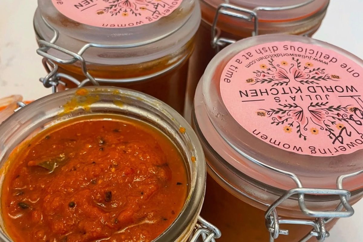 Artisan tomato relish in reusable glass jars made by Julia's World Kitchen for local markets and catering.